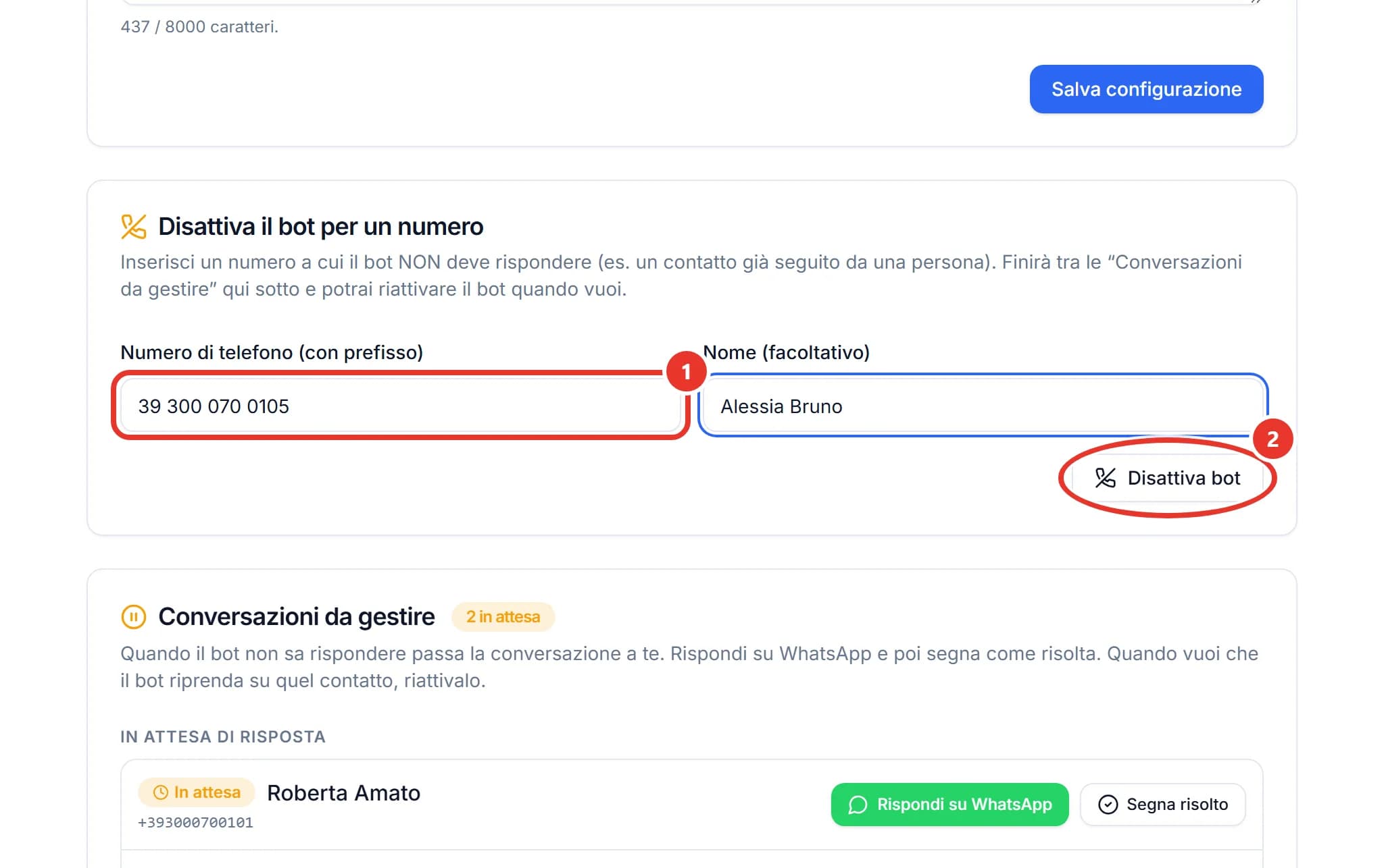 Riquadro Disattiva il bot per un numero nel pannello di ChatPilot: numero scritto 39 300 070 0105, nome Alessia Bruno e pulsante Disattiva bot
