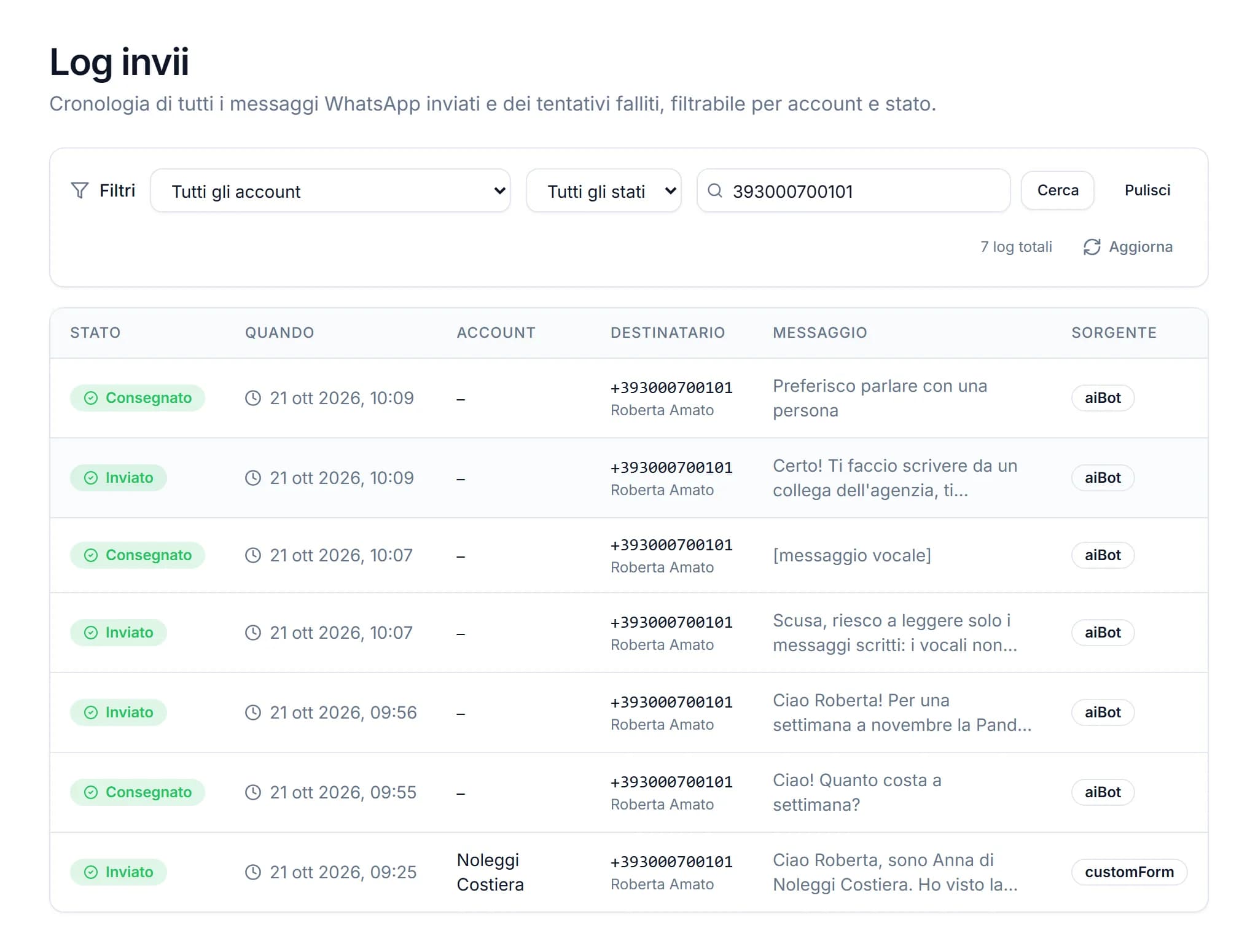 Pagina Log invii di ChatPilot con la ricerca di un numero: la conversazione del bot WhatsApp con Roberta Amato riga per riga, con sorgente aiBot e un trattino nella colonna Account