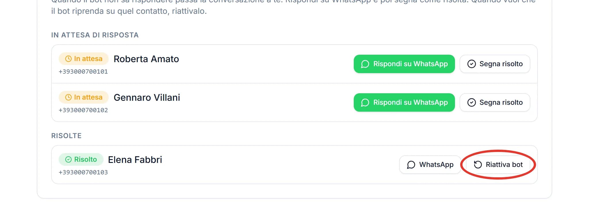 Riquadro Conversazioni da gestire di ChatPilot: due conversazioni in attesa e, sotto Risolte, Elena Fabbri con il pulsante Riattiva bot