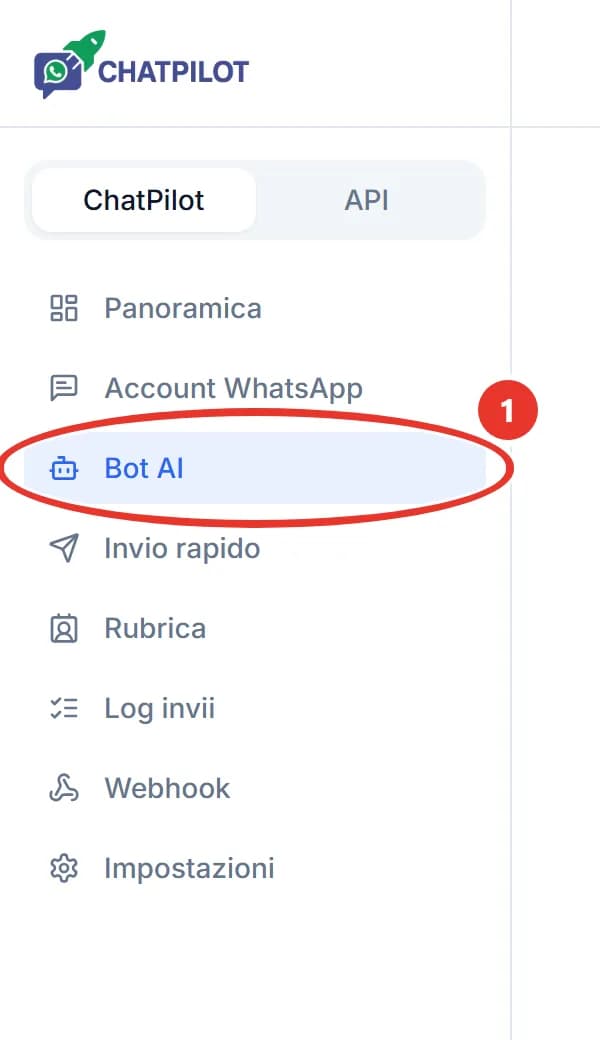 Il menu a sinistra del pannello di ChatPilot con le voci Panoramica, Account WhatsApp, Bot AI, Invio rapido, Rubrica, Log invii, Webhook e Impostazioni; la voce Bot AI è cerchiata in rosso.
