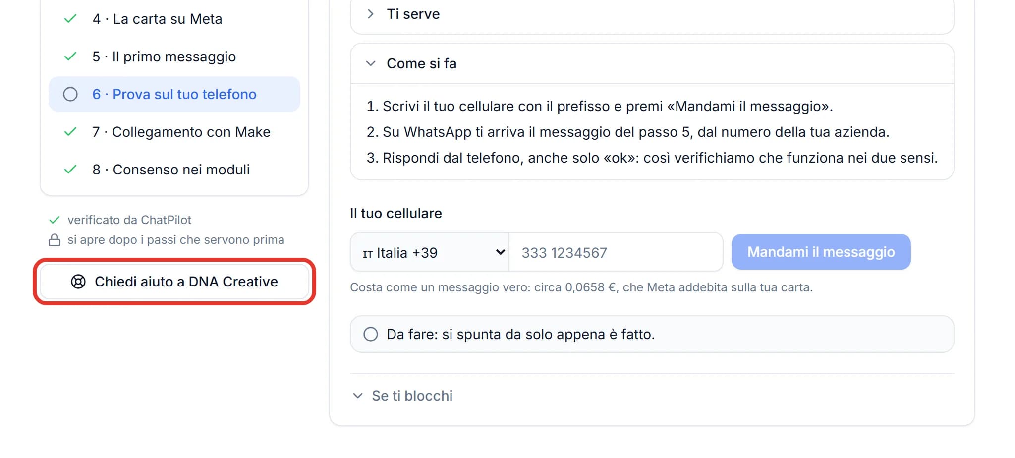 La parte sinistra della guida con i passi spuntati in verde, la legenda verificato da ChatPilot e si apre dopo i passi che servono prima, e sotto il pulsante Chiedi aiuto a DNA Creative cerchiato in rosso.