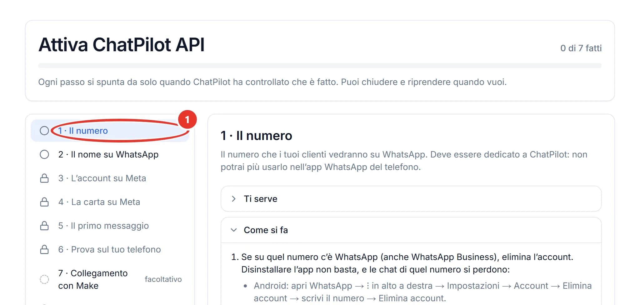 La pagina Attiva ChatPilot API: in alto la barra di avanzamento con la scritta 0 di 7 fatti, a sinistra l’elenco degli otto passi con i lucchetti sui passi che si aprono dopo e il passo 7 Collegamento con Make segnato come facoltativo, a destra il passo 1 aperto con le tendine Ti serve e Come si fa.