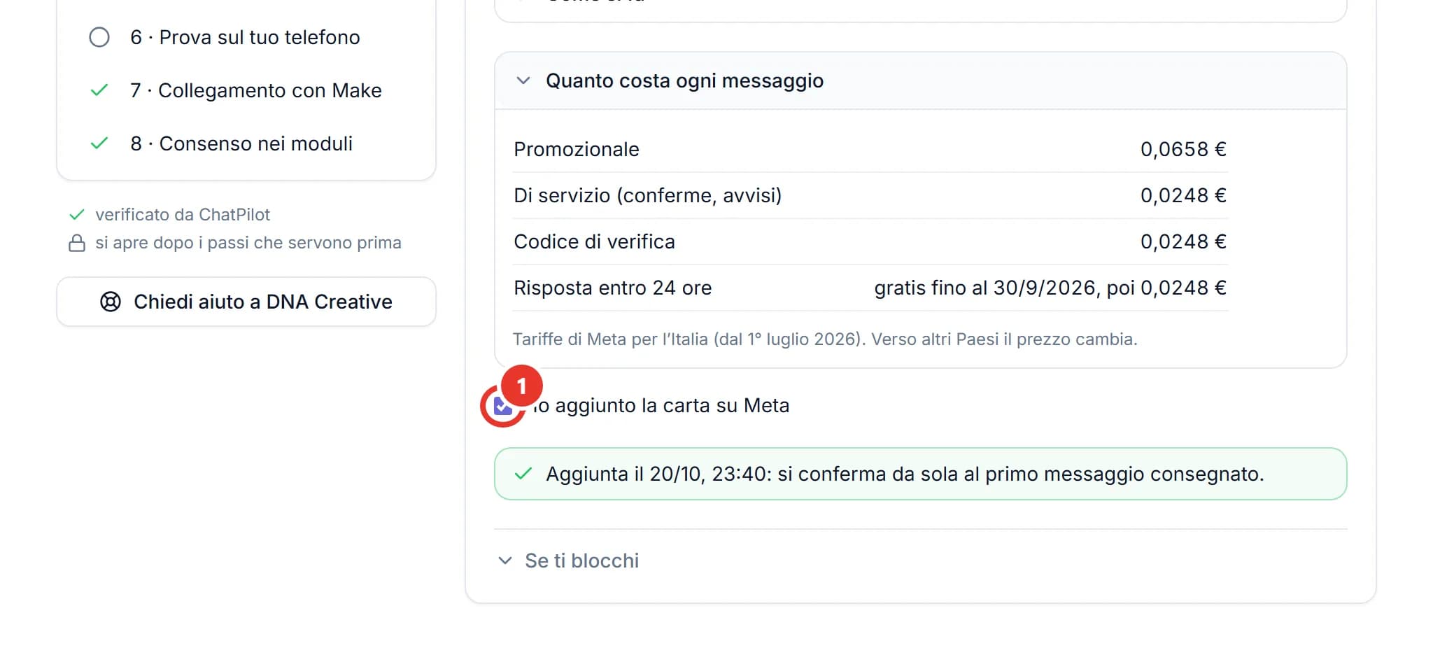 Il passo 4 La carta su Meta: la tendina Quanto costa ogni messaggio aperta con i prezzi di Meta per promozionale, di servizio, codice di verifica e risposta entro 24 ore, la casella Ho aggiunto la carta su Meta spuntata e un riquadro verde con la data in cui è stata aggiunta.