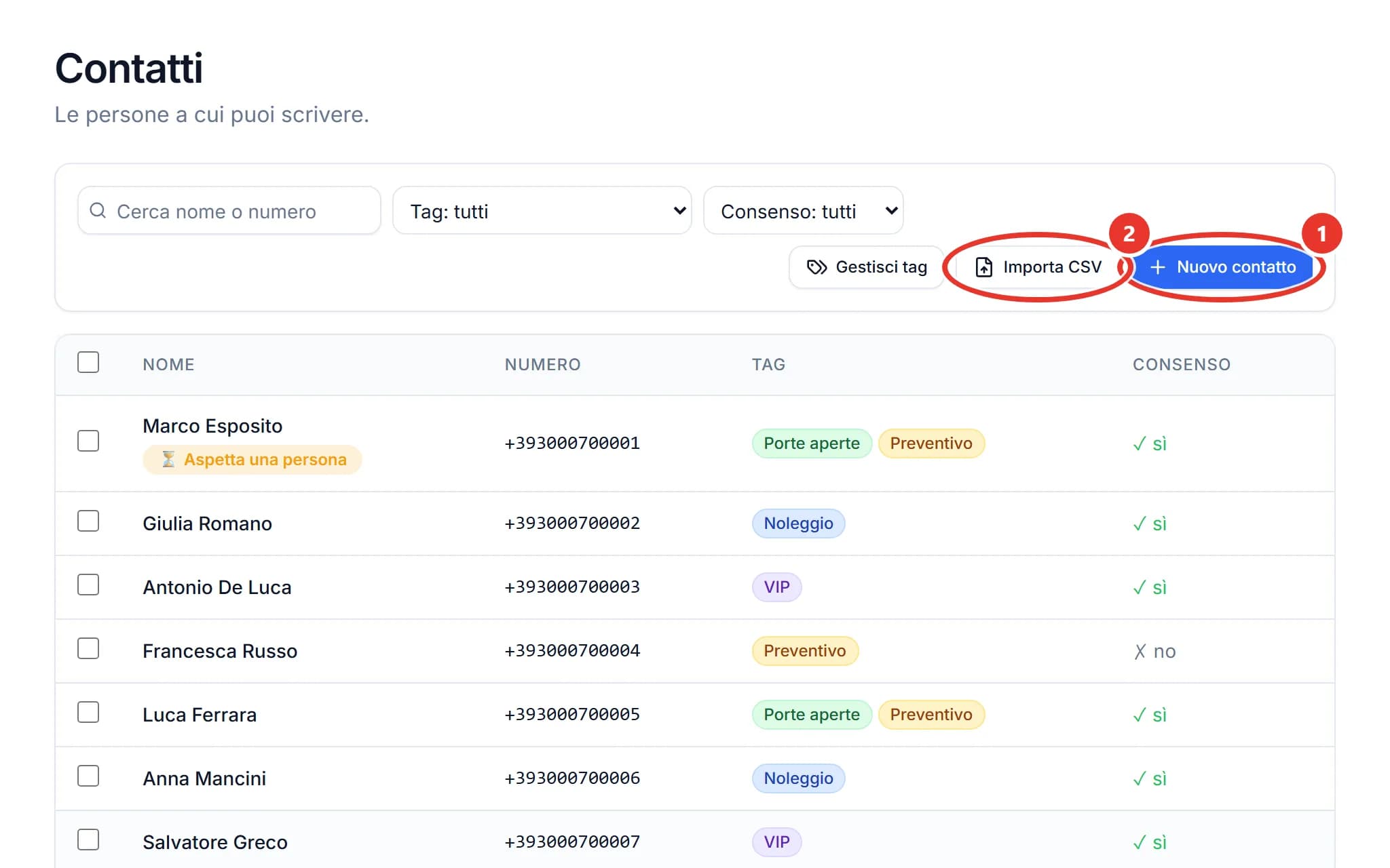 La pagina Contatti di ChatPilot API: una tabella con nomi, numeri, tag colorati Porte aperte, Preventivo, Noleggio e VIP, e la colonna Consenso con sì o no. In alto, cerchiati in rosso, i pulsanti Nuovo contatto e Importa CSV; accanto Gestisci tag.