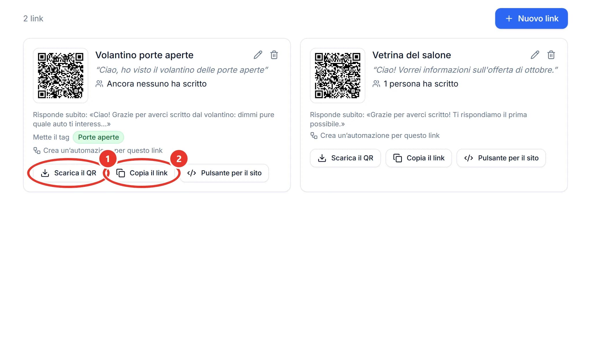 La pagina Link e QR con due schede, Volantino porte aperte e Vetrina del salone, ognuna con il suo QR code, il messaggio già scritto e la risposta automatica; la prima mette il tag Porte aperte. Cerchiati in rosso i pulsanti Scarica il QR e Copia il link; accanto Pulsante per il sito.