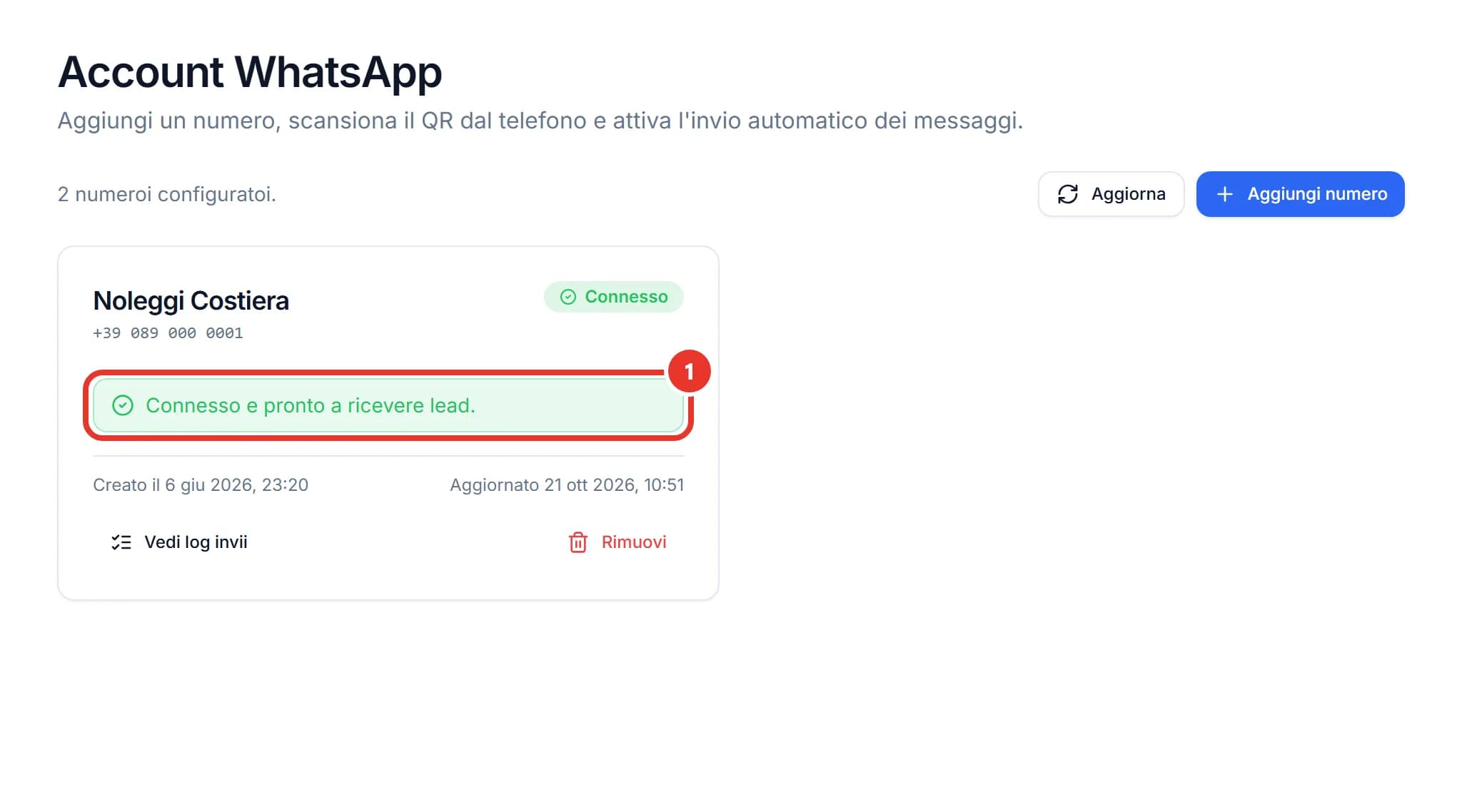 Pagina Account WhatsApp di ChatPilot: la scheda del numero Noleggi Costiera con il badge verde Connesso, la riga «Connesso e pronto a ricevere lead.» cerchiata in rosso con il numero 1, e sotto i pulsanti Vedi log invii e Rimuovi. In alto a destra i pulsanti Aggiorna e Aggiungi numero.