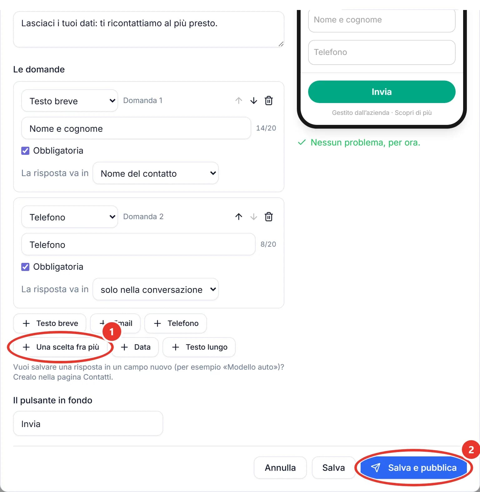 Finestra Nuovo modulo di ChatPilot API: la domanda Testo breve Nome e cognome che va in Nome del contatto, la domanda Telefono che resta solo nella conversazione, i pulsanti per aggiungere domande con Una scelta fra più cerchiato col numero 1, il campo Il pulsante in fondo con Invia e, cerchiato col numero 2, il pulsante Salva e pubblica; in alto a destra l’anteprima del telefono e la scritta verde Nessun problema, per ora.