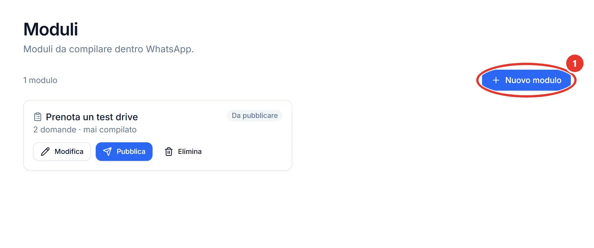 Pagina Moduli di ChatPilot API: in alto a destra il pulsante Nuovo modulo cerchiato col numero 1; sotto la scheda del modulo Prenota un test drive con l’etichetta Da pubblicare, la scritta 2 domande, mai compilato, e i pulsanti Modifica, Pubblica ed Elimina.