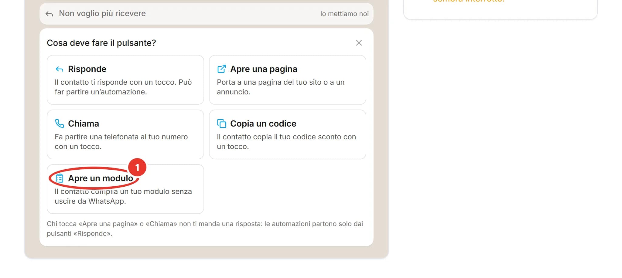 Editor di un messaggio pronto in ChatPilot API, riquadro Cosa deve fare il pulsante? con cinque scelte: Risponde, Apre una pagina, Chiama, Copia un codice e Apre un modulo, cerchiata col numero 1, con la spiegazione Il contatto compila un tuo modulo senza uscire da WhatsApp.