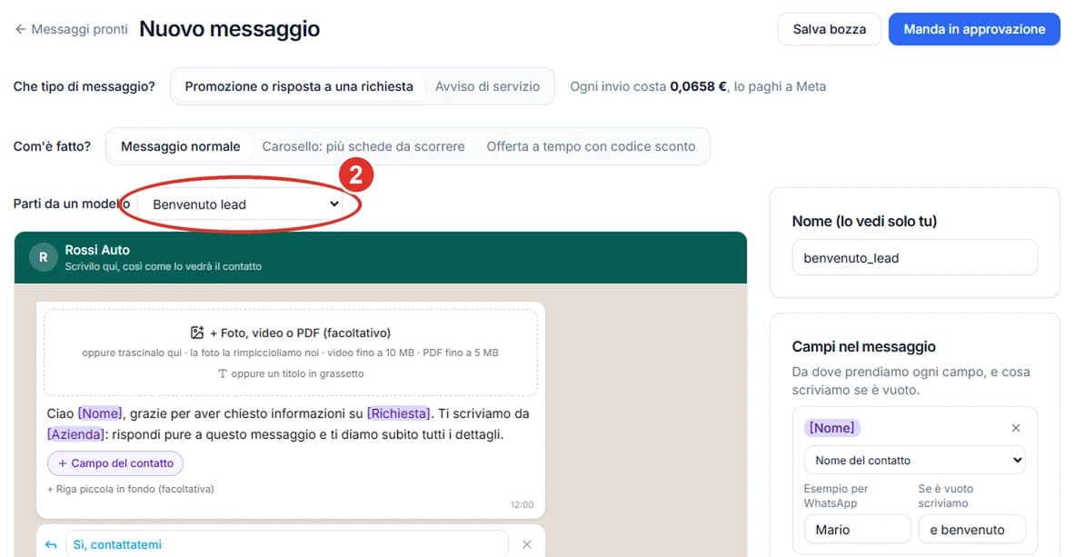 Editor con il menu Parti da un modello impostato su Benvenuto lead, cerchiato con il numero 2. Nella bolla di WhatsApp il testo: Ciao [Nome], grazie per aver chiesto informazioni su [Richiesta]. Ti scriviamo da [Azienda]: rispondi pure a questo messaggio e ti diamo subito tutti i dettagli. A destra il nome benvenuto_lead e la scheda Campi nel messaggio.