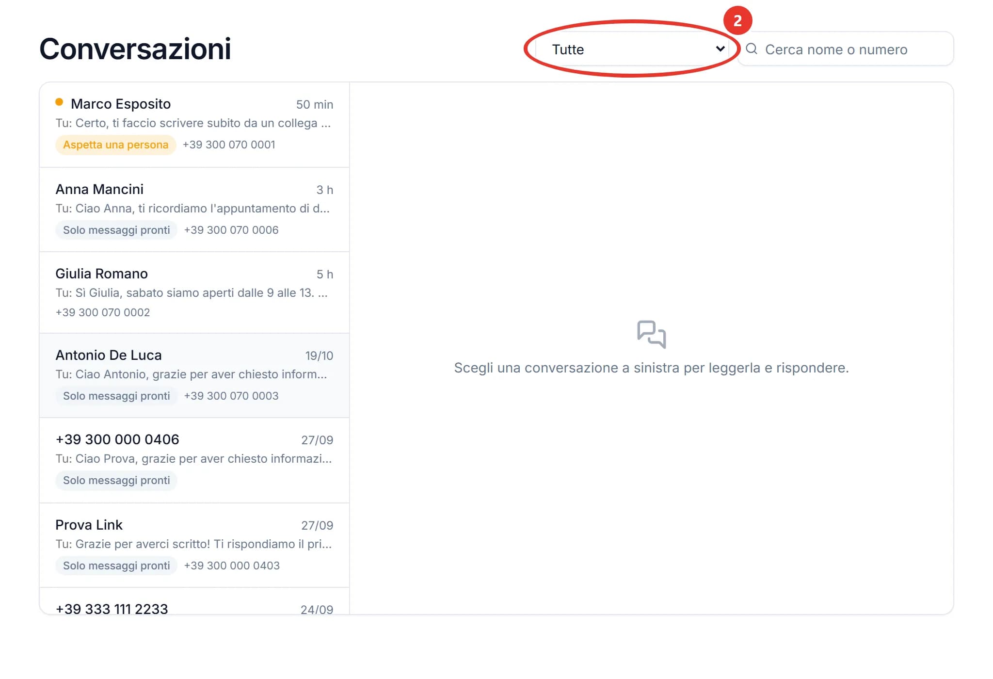 La pagina Conversazioni di ChatPilot API: in alto il filtro impostato su Tutte (cerchiato) e la ricerca Cerca nome o numero; a sinistra l’elenco delle chat, con Marco Esposito in cima e l’etichetta arancione Aspetta una persona, e due chat con l’etichetta Solo messaggi pronti.