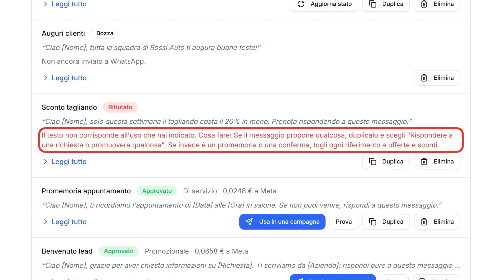 Elenco Messaggi pronti con il messaggio Sconto tagliando nello stato Rifiutato. Sotto il testo, cerchiata in rosso, la spiegazione: Il testo non corrisponde all’uso che hai indicato. Cosa fare: se il messaggio propone qualcosa, duplicalo e scegli Rispondere a una richiesta o promuovere qualcosa. Più sotto un Promemoria appuntamento approvato, di servizio, a 0,0248 € a Meta.