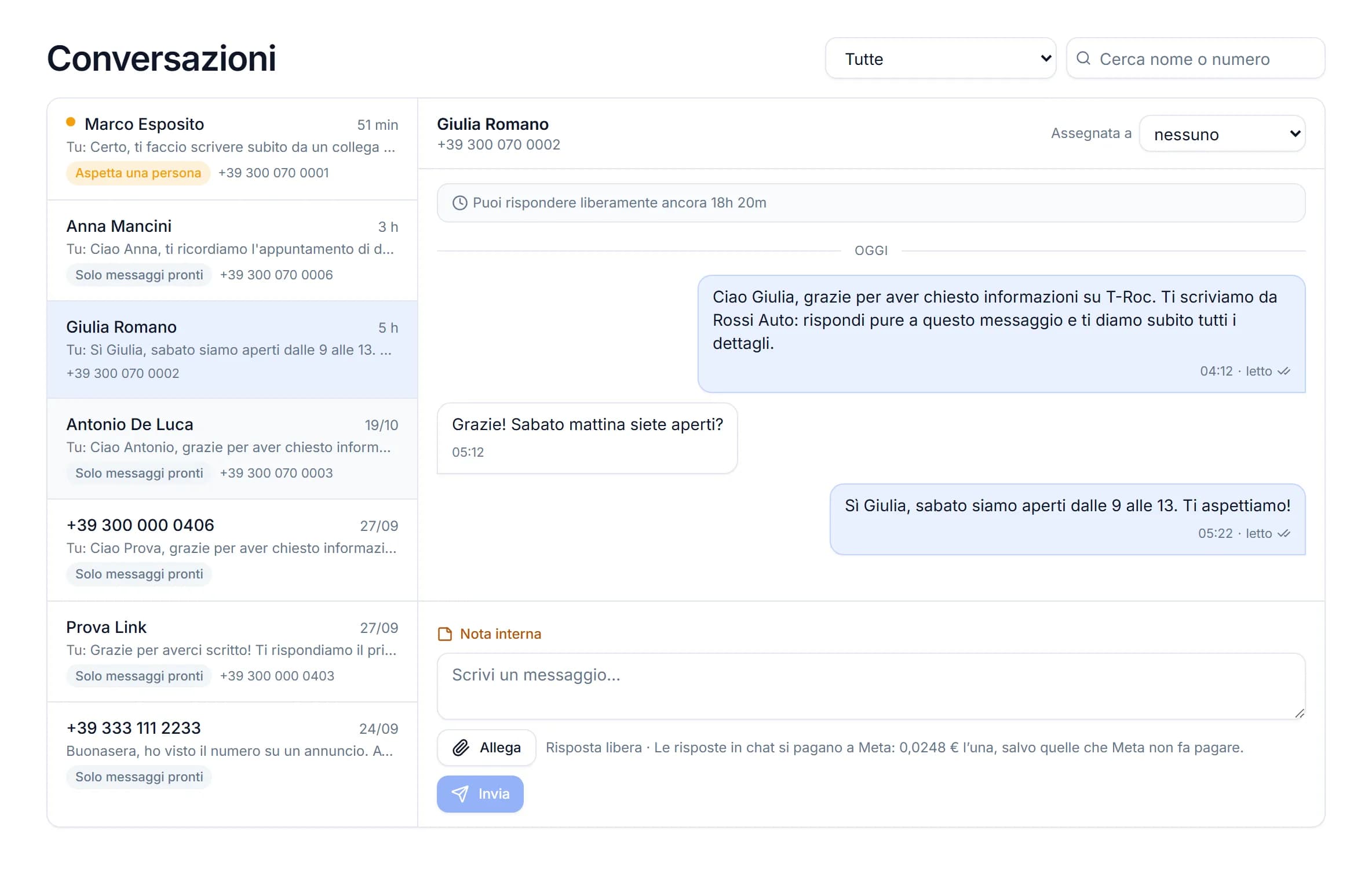 Pagina Conversazioni di ChatPilot API: a sinistra l’elenco delle chat, a destra la chat con Giulia Romano, con il menu Assegnata a e l’avviso Puoi rispondere liberamente ancora 18h 37m