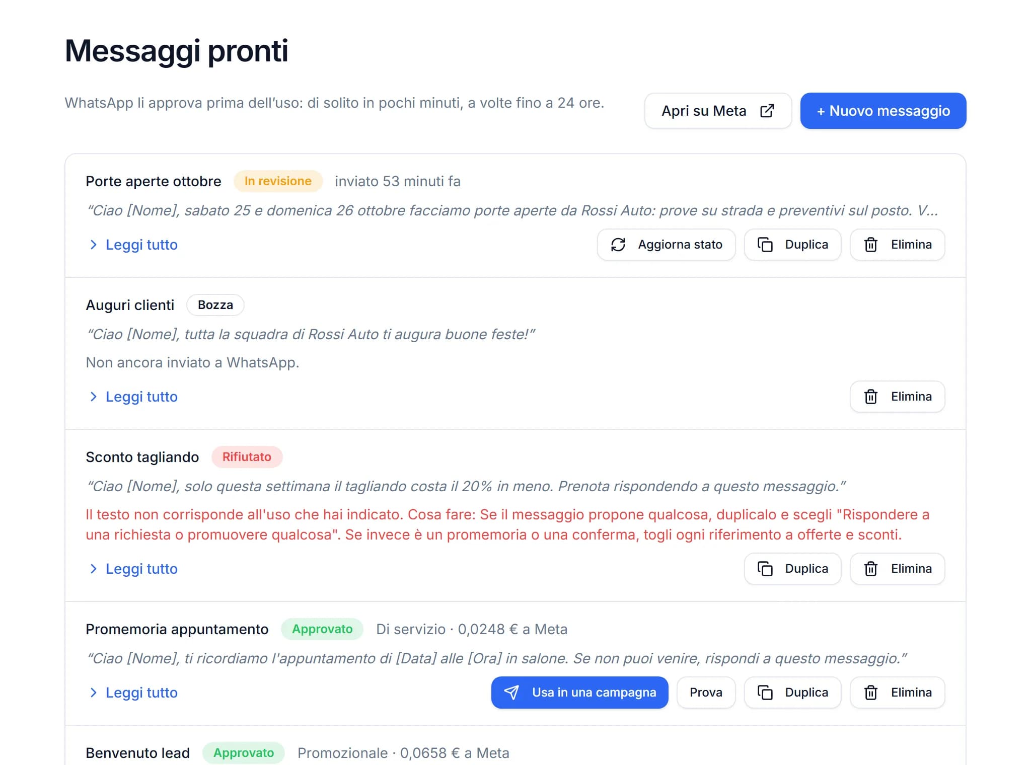 Elenco dei Messaggi pronti di ChatPilot API con i bollini In revisione, Bozza, Rifiutato con la spiegazione in rosso, e Approvato con il prezzo a Meta